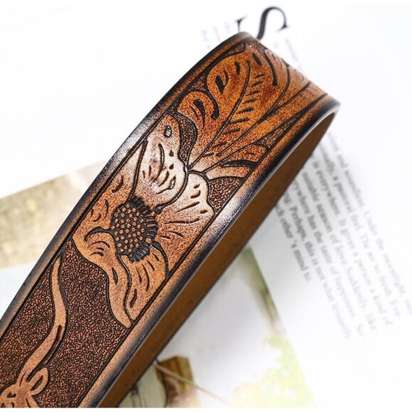 Women\'s Western Cowboy Belt PU Leather Longhorn Bull Turquoise Embossed Buckle main image 8